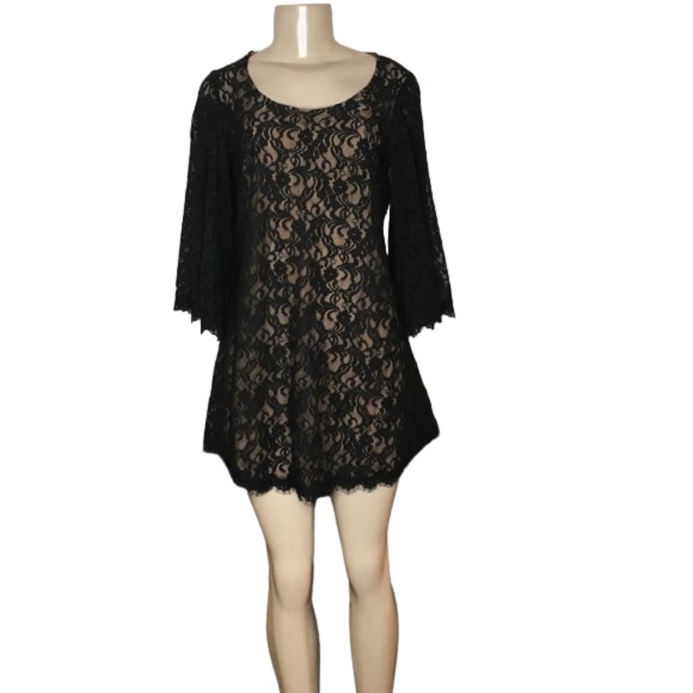 Flying Tomato Black Lace Dress Over Nude Slip